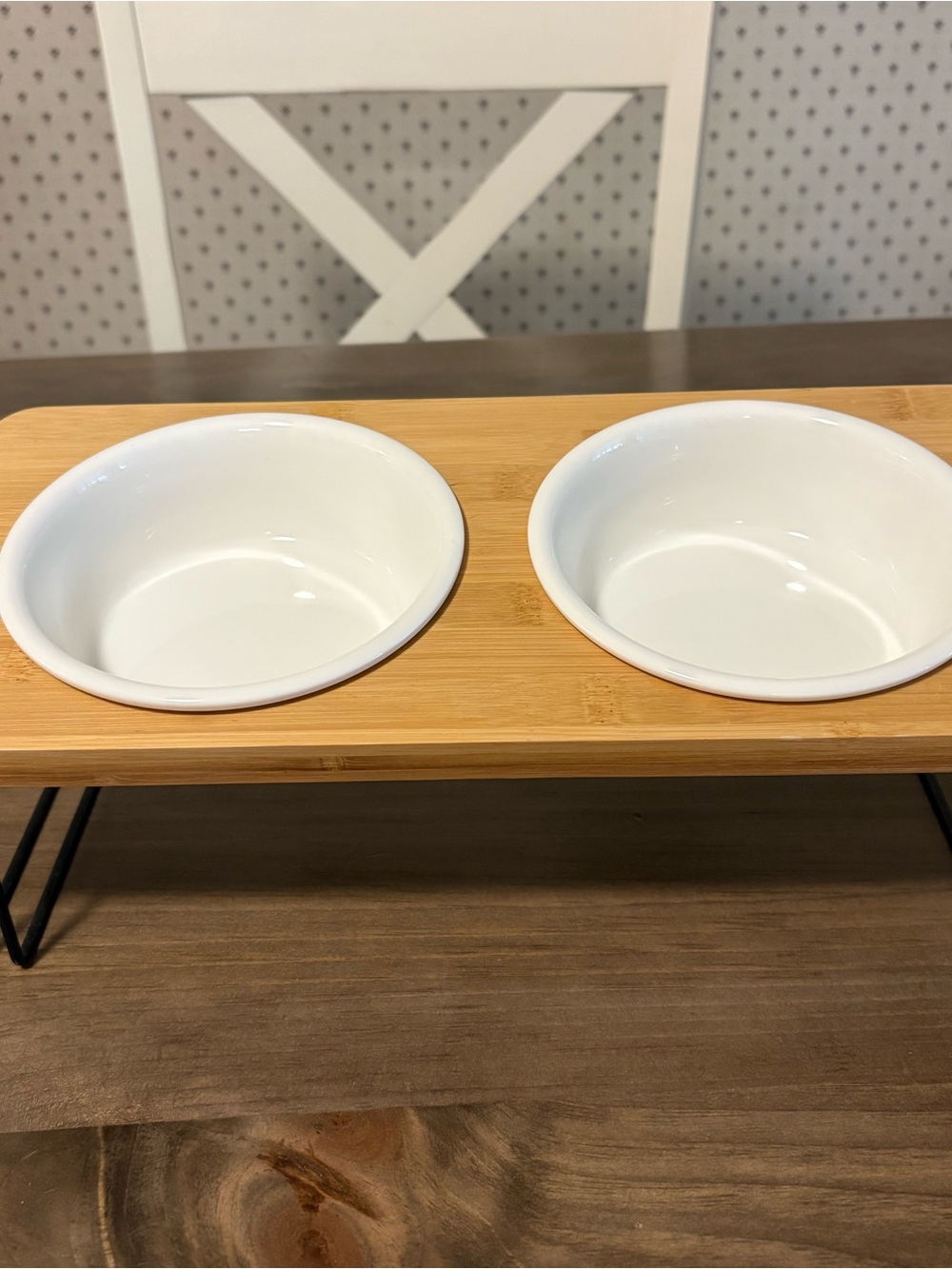 Bamboo-Like Elevated Double Pet Bowl Stand with White Ceramic Bowls